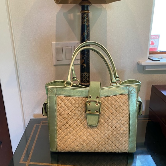 Coach Woven Satchel with Green Leather Trim Pre-owned - Picture 2 of 7